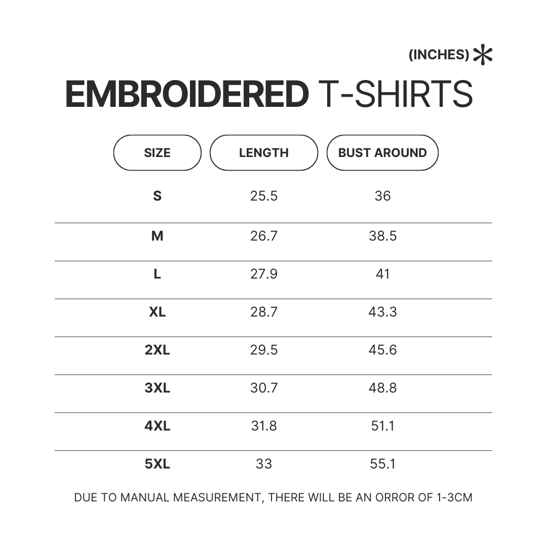 Embroidered T shirt Size Chart 2 - Camping Gifts Shop