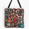 Hiking Trip // Brown Oak Background Orange Red Sage Green And Teal Hike Backpack Essentials Tote Bag Official Camping Merch