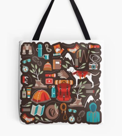 Hiking Trip // Brown Oak Background Orange Red Sage Green And Teal Hike Backpack Essentials Tote Bag Official Camping Merch