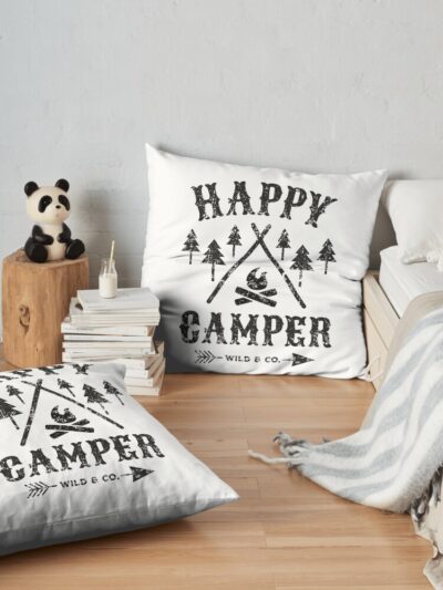 Happy Camper Distressed Black Throw Pillow Official Camping Merch