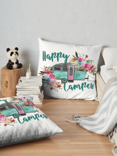 Happy Camper - Vintage Rv / Camping Trailer - Gifts For Camping Lovers Throw Pillow Official Camping Merch