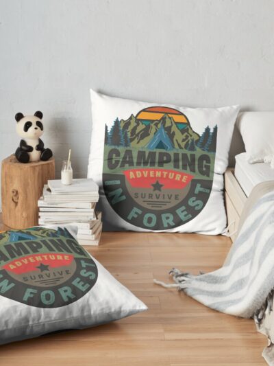 Camping Adventure In Forest Throw Pillow Official Camping Merch