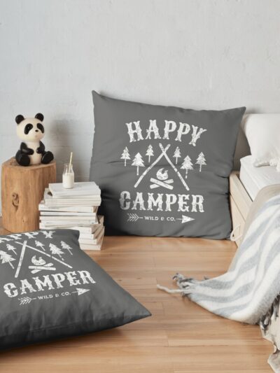 Happy Camper Distressed White Throw Pillow Official Camping Merch