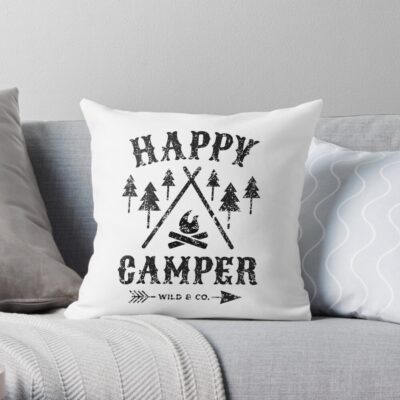 Happy Camper Distressed Black Throw Pillow Official Camping Merch