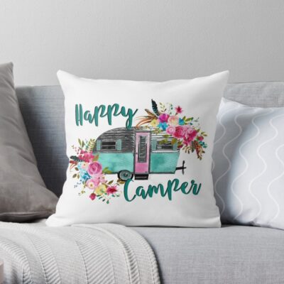 Happy Camper - Vintage Rv / Camping Trailer - Gifts For Camping Lovers Throw Pillow Official Camping Merch